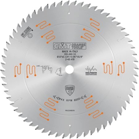 CMT Orange Chrome Hvy-Duty CROSSCUTTING Blade 10" x T60 ATB, D 10 254mm - T 60 - B 5/8 - K .126 - P .087 285.660.10